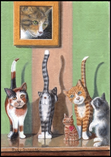 Original Miniature Painting of a Kitten looking at wooden cats by Judy Schrader
