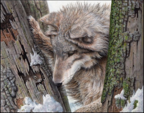  Original Painting of a wolf and squirrel by Judy Schrader